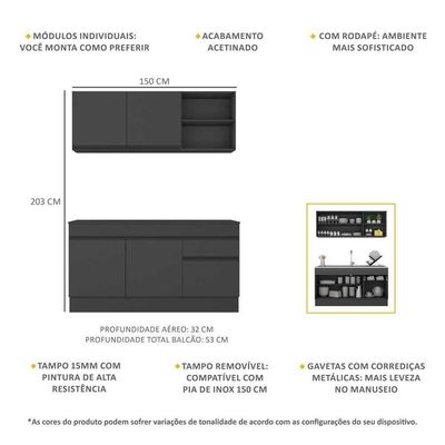 Armário De Cozinha Compacta 150cm Com Rodapé Veneza Multimóveis V2114 Preto Preto