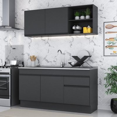 Armário De Cozinha Compacta 150cm Com Rodapé Veneza Multimóveis V2114 Preto Preto