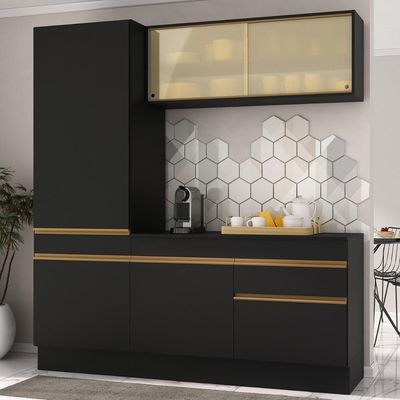 Armário De Cozinha Compacta 3 Peças Com Rodapé Mp2179 Made Multimóveis Preto/dourado Preto/dourado