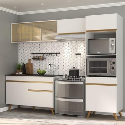 Armário De Cozinha Compacta 252cm Veneza Multimóveis V3692 Branco/dourado Branco/dourado