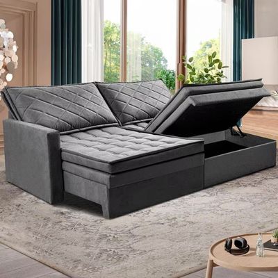 Sofá 3 Lugares Cama inBox Marselha 180cm Retrátil com Baú e Revestimento Suede Velusoft Cinza