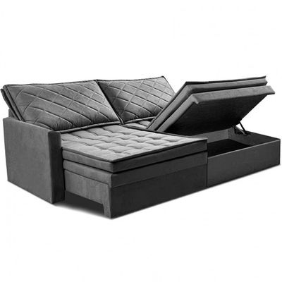 Sofá 3 Lugares Cama inBox Marselha 180cm Retrátil com Baú e Revestimento Suede Velusoft Cinza