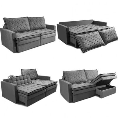 Sofá 3 Lugares Cama inBox Marselha 180cm Retrátil com Baú e Revestimento Suede Velusoft Cinza