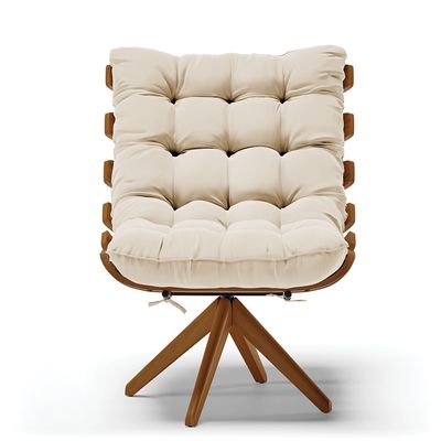 Poltrona Giratória Costela Suede Branco Base Madeira MA25 D'Rossi