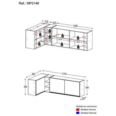Kit Armário De Cozinha Aéreo Canto 90cm E Aéreo 120cm Veneza Multimóveis Mp2148 Branco-dourado