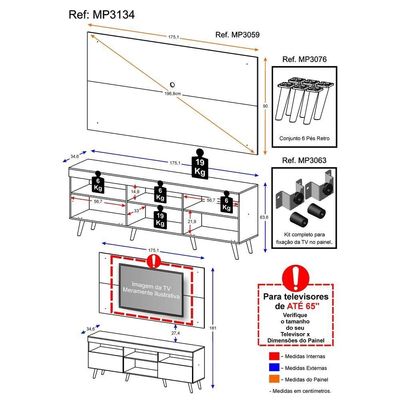 Rack Painel e Suporte P/TV 65 e Pés Retrô Multimóveis