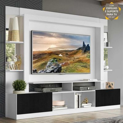Rack com Painel Suporte Tv 65´´ com Espelho Branco/Preto