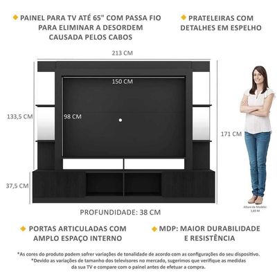 Rack com Painel Tv 65 Prateleiras com Espelho Oslo Preto