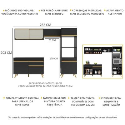 Cozinha Compacta 4 Pç com Armário E Balcão Veneza Gb Preta