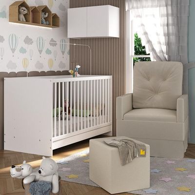 Berço 3 Em 1 Com Colchão Poltrona Puff e Armário Aéreo 2 Portas Mp4157 Branco-bege