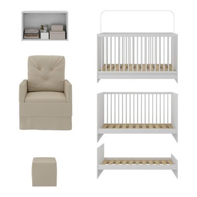 Berço 3 Em 1 Com Colchão Poltrona Puff e Armário Aéreo 2 Portas Mp4157 Branco-bege