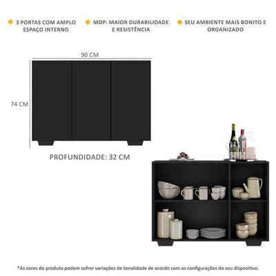 Aparador Buffet 3 Portas Veneza Multimóveis V1010 Preto