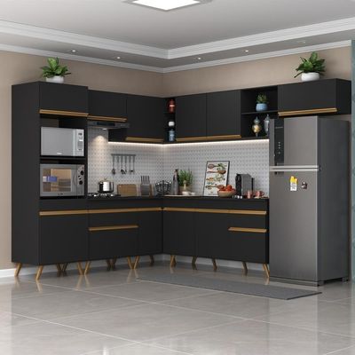 Armário De Cozinha Completa De Canto V2048 Preto/dourado
