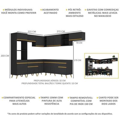 Armário De Cozinha Completa De Canto V2048 Preto/dourado