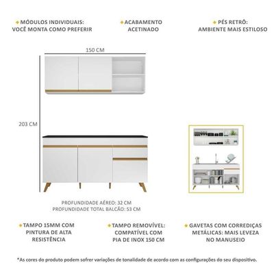 Armário De Cozinha Compacta 150cm Veneza Multimóveis V2079 Branco/dourado Branco/dourado