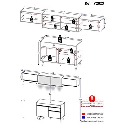 Armário De Cozinha Compacta 260cm Com Leds Veneza Up Multimóveis V2023 Branco/dourado Branco/dourado