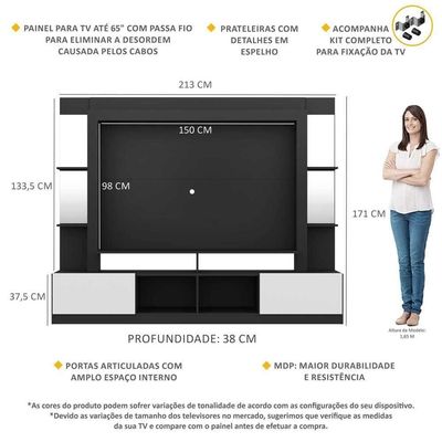 Rack C/ Painel Suporte Tv 65´´ C/ Espelho Preto/Branco