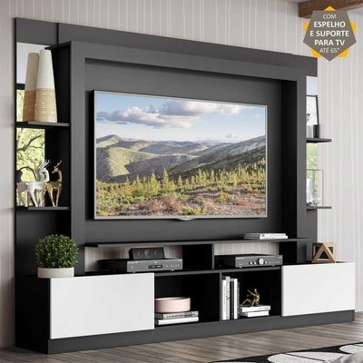 Rack C/ Painel Suporte Tv 65´´ C/ Espelho Preto/Branco