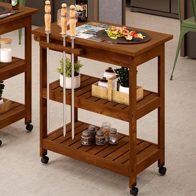 Carrinho De Churrasco Grade Churrasqueira Com Cerâmica Home W02 Madeira Maciça Imbuia - Lyam Decor