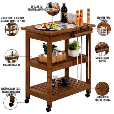 Carrinho De Churrasco Grade Churrasqueira Com Cerâmica Home W02 Madeira Maciça Imbuia - Lyam Decor