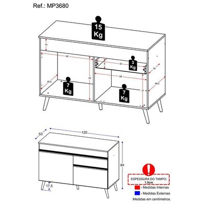 Balcão Cozinha Gabinete Pia 120Cm Mp3680.964 Branco/preto
