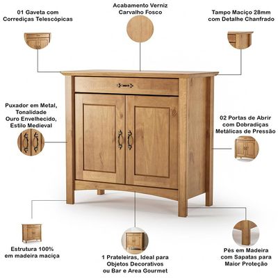 Kit Balcão Buffet 93cm Com Aparador Rústico 132cm Madeira Maciça Lira M06 Carvalho Fosco - Lyam Decor