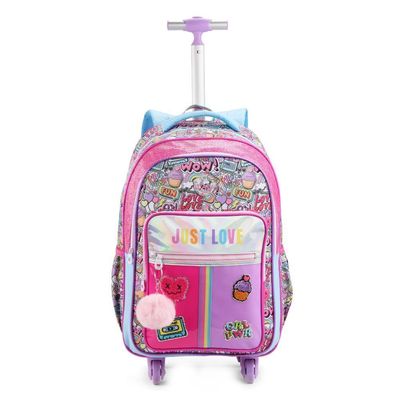 Kit Mochila De Rodinhas + Lancheira + Estojo Just Love Rainbow Chaveiro Denlex