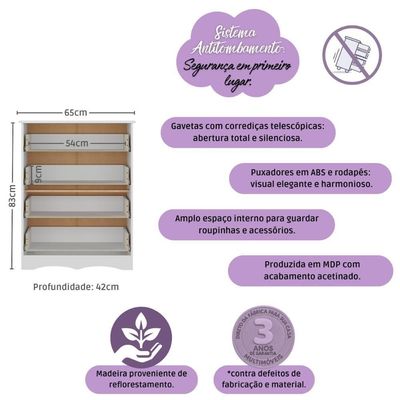 Cômoda Infantil 65cm Com 4 Gavetas Realeza Multimóveis Mp4433 Branco/madeirado Branco/madeirado