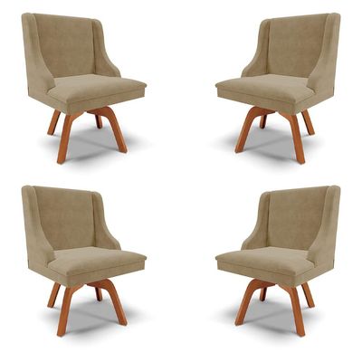Kit 4 Cadeiras Decorativas Sala de Jantar Base Giratória de Madeira Firenze Suede Nude/Natural G19 - Gran Belo