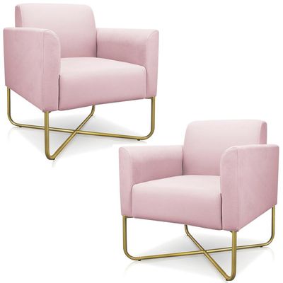 Kit 2 Poltronas Decorativas Isabella Base X Suede Rosa Bebê/Dourado - Gran Belo