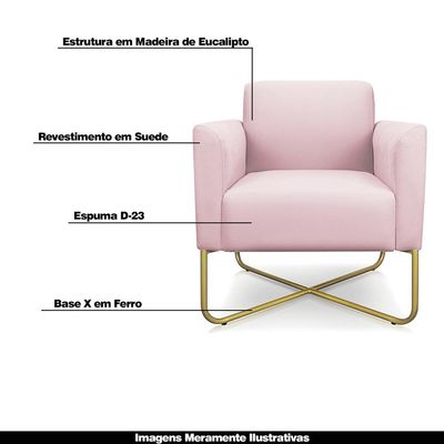 Kit 2 Poltronas Decorativas Isabella Base X Suede Rosa Bebê/Dourado - Gran Belo