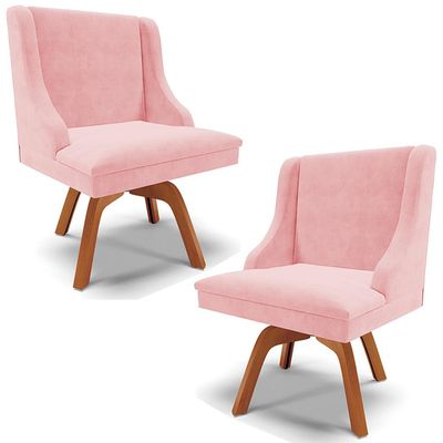 Kit 2 Poltronas Decorativas Base Giratória de Madeira Firenze Suede Rosa Bebê/Natural - Gran Belo