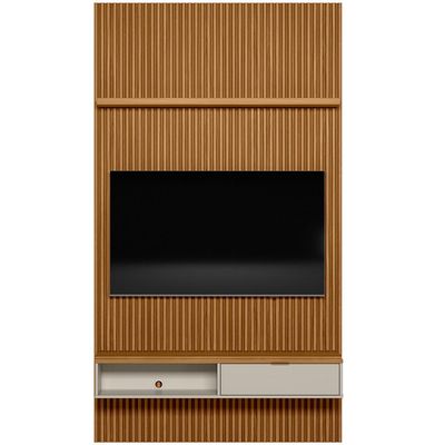 Painel Ripado Para TV 60 Pol Slats e Bancada Lisa 141x250cm L05 Nature Off White - Lyam Decor