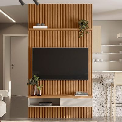 Painel Ripado Para TV 60 Pol Slats e Bancada Lisa 141x250cm L05 Nature Off White - Lyam Decor