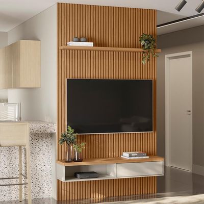 Painel Ripado Para TV 60 Pol Slats e Bancada Lisa 141x250cm L05 Nature Off White - Lyam Decor
