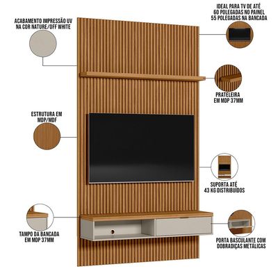 Painel Ripado Para TV 60 Pol Slats e Bancada Lisa 141x250cm L05 Nature Off White - Lyam Decor