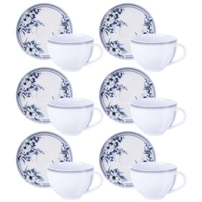 Jogo 6 Xícaras com Pires 250ml Porcelana Decorada Tramontina Azzura Servir Café Chá