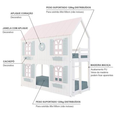 Beliche Montessoriano Casinha Bela Com Coração 4 Janelas Venezianas - Madeira Maciça Branco/rosa/verde | Housin