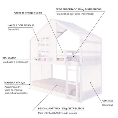 Beliche Montessoriano Casinha Com Janela E Cortina Madeira Maciça Branco Housin