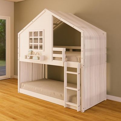 Beliche Montessoriano Casinha Com Janela E Cortina Madeira Maciça Branco Housin