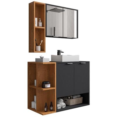 Gabinete Para Banheiro Com Cuba e Espelho Siesta B02 Preto Fosco Naturalle - Lyam Decor