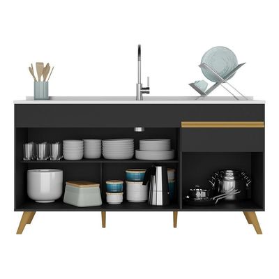 Balcão Cozinha Gabinete Pia 3 Portas 1 Gaveta Preto