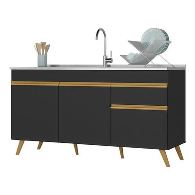 Balcão Cozinha Gabinete Pia 3 Portas 1 Gaveta Preto
