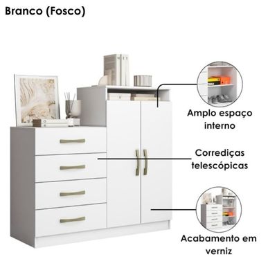 Comoda 4 Gavetas 2 Portas 115 Cm Londres Branco Armoveis Branco