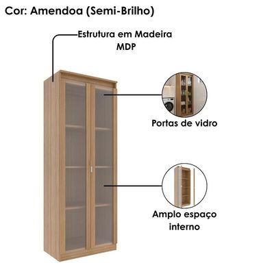 Armario Multiuso 2 Portas Vidro 160x60 Cm Am3111 Amendoa Tecno Mobili Amendoa