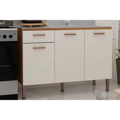 Balcão De Cozinha P- Pia Essência C- 3 Portas E 1 Gaveta S- Tampo 120cm Freijo-white Laca - Genialflex