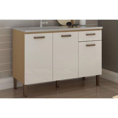 Balcão De Cozinha C- Tampo Essência C- 3 Portas E 1 Gaveta 120cm Freijo-white Laca - Genialflex