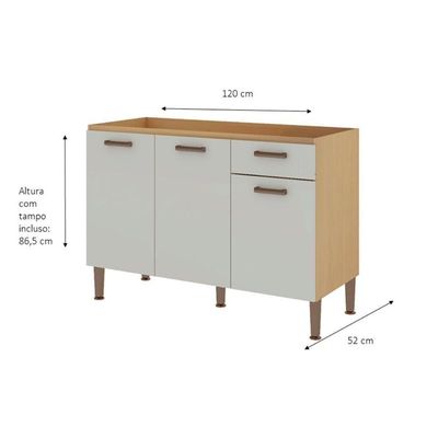 Balcão De Cozinha C- Tampo Essência C- 3 Portas E 1 Gaveta 120cm Freijo-white Laca - Genialflex