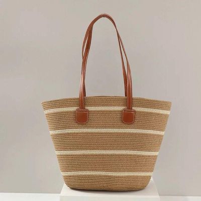 Bolsa De Palha Grande Com Forro Para Praia, Piscina, Férias E Uso Diário - Caqui Listrada