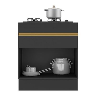 Balcão Cozinha Para Cooktop 70cm Com Rodapé 1 Porta 1 Gaveta Veneza Multimóveis V2118 Preto/dourado